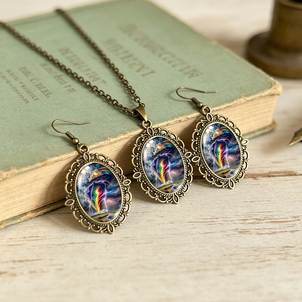 3pcs Colorful Tornado Lightning Landscape Necklace & Earrings Set